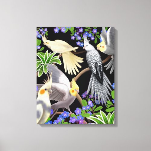Cockatiels in Forget Me Nots Wrapped Canvas