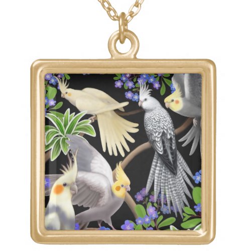 Cockatiels in Garden Flowers Necklace