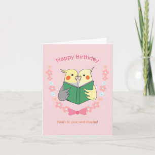 Cockatiels reading a book Cute Birdie birthday Card