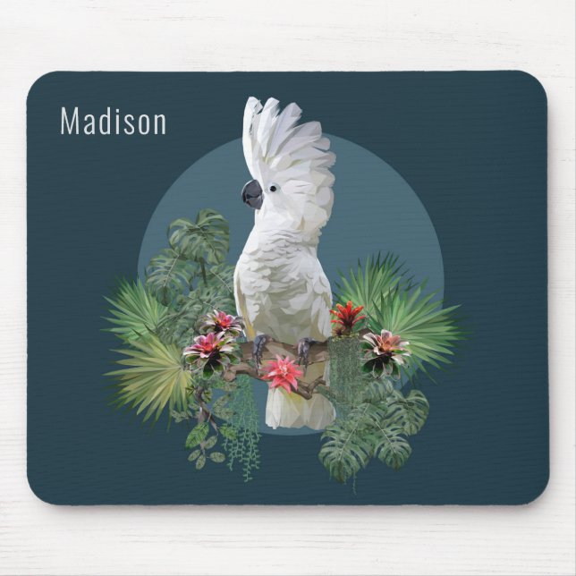 Cockatoo Bird Tropical Flowers Personalized Name Mouse Pad (Front)