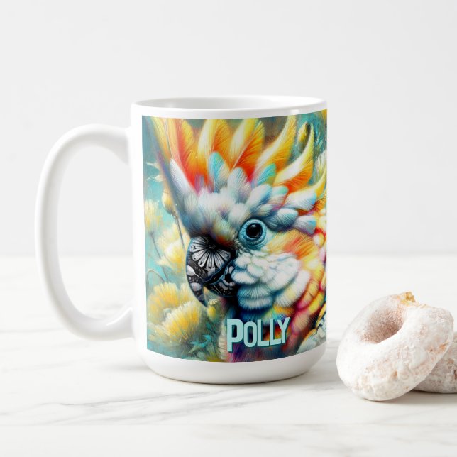 Cockatoo Bird Yellow Poppies Personalized Coffee Mug (With Donut)