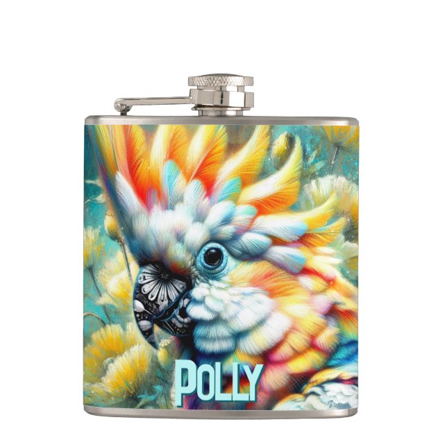 Cockatoo Bird Yellow Poppies Personalized Flask (Front)