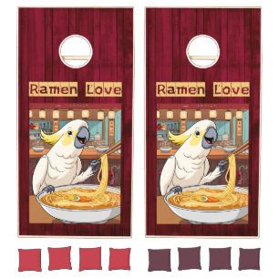Cockatoo Eating Ramen on Red Wood – Ramen Love Cornhole Set