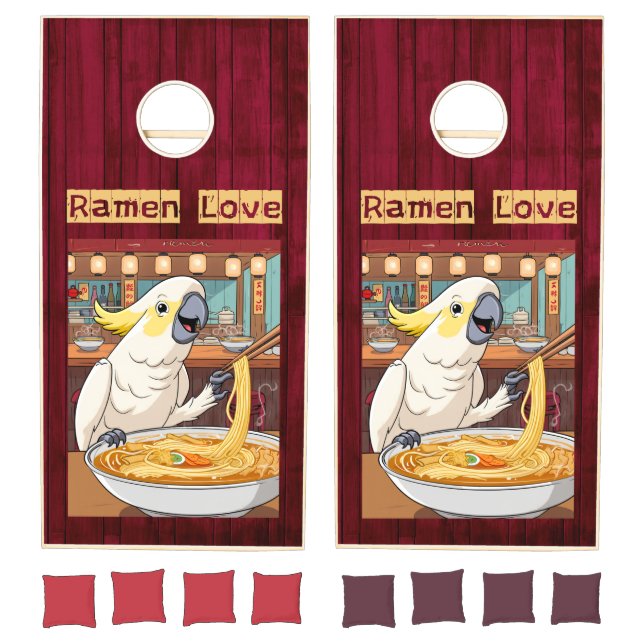 Cockatoo Eating Ramen on Red Wood – Ramen Love Cornhole Set (Set)