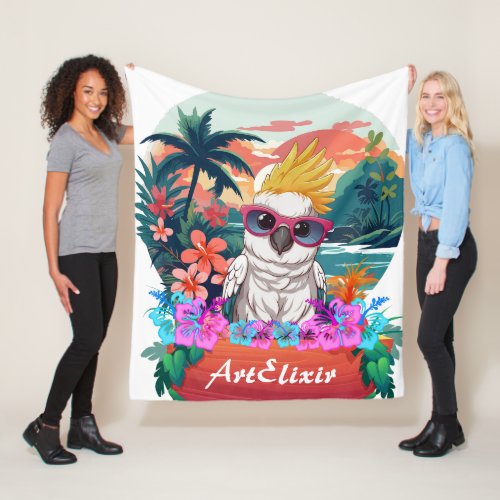 Cockatoo in a scenic floral print  fleece blanket