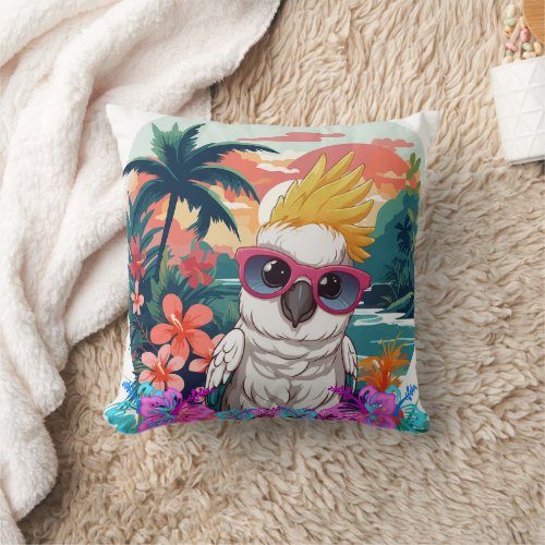 Cockatoo in a scenic floral print  throw pillow