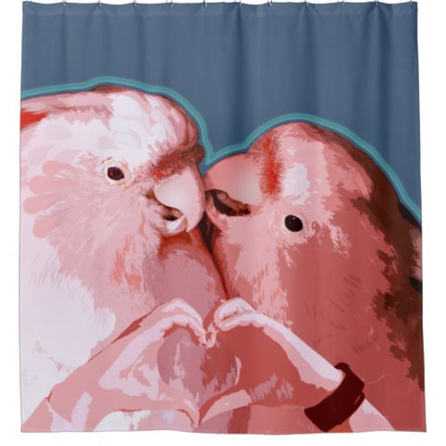 Cockatoo Kisses Pink  Blue Happy Parrot Couple Shower Curtain