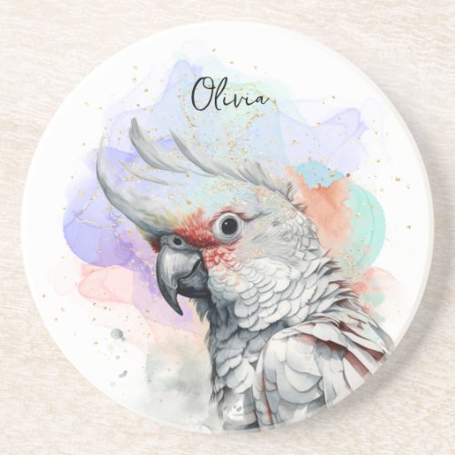 Cockatoo Parrot Custom Name Sandstone Coaster