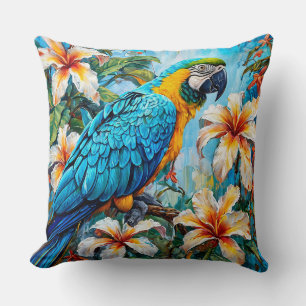 Cockatoo Parrot with Floral Garden Tropical Bird  Throw Pillow