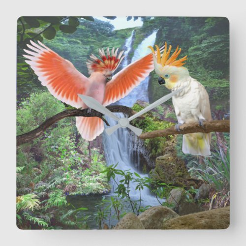 COCKATOO PARROTS IN  PARADISE SQUARE WALL CLOCK