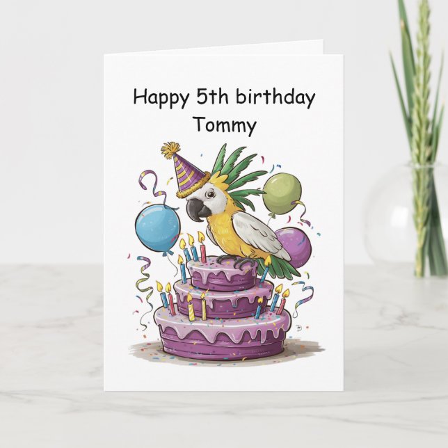 cockatoo perched on birthday cake balloons card (Front)