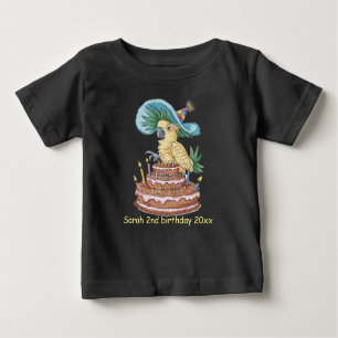 cockatoo perched on birthday cake fancy hat baby T-Shirt
