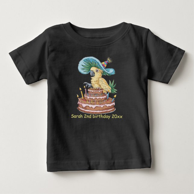 cockatoo perched on birthday cake fancy hat baby T-Shirt (Front)