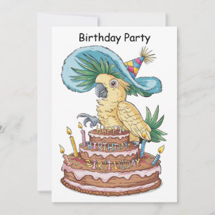cockatoo perched on birthday cake fancy hat invitation