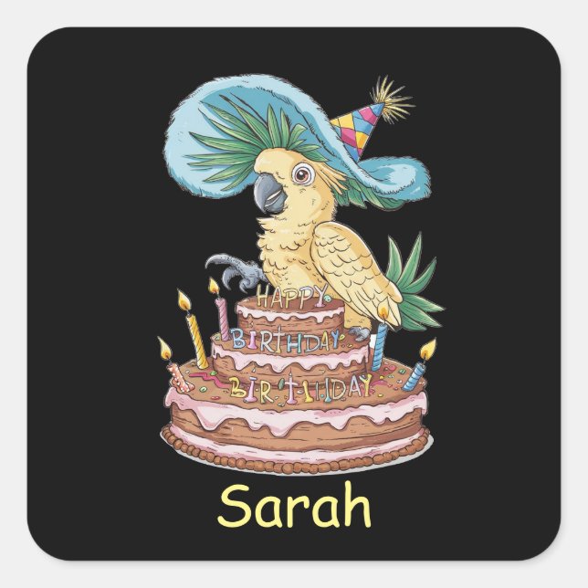 cockatoo perched on birthday cake fancy hat square sticker (Front)