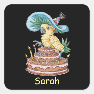 cockatoo perched on birthday cake fancy hat square sticker