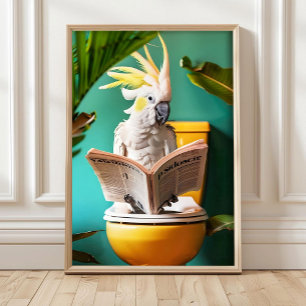 Cockatoo Reading on Toilet Print, Funny Bathroom Poster