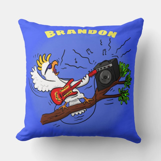 Cockatoo rock guitar player cartoon throw pillow (Front)