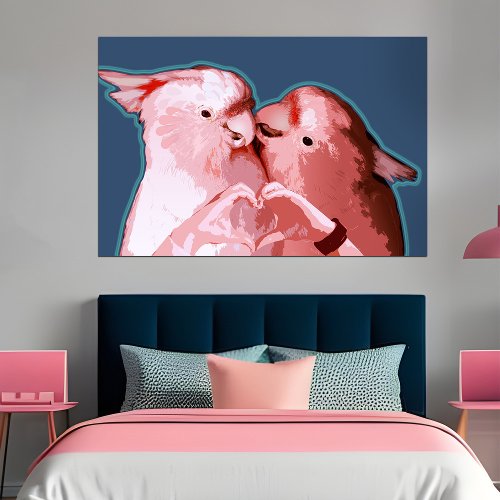 Cockatoo Sweethearts Pink  Blue Couples Bedroom Poster