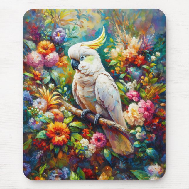 Cockatoo with Colorful Flowers Mouse Pad (Front)