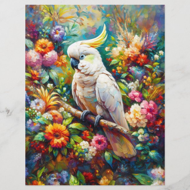 Cockatoo with Colorful Flowers Scrapbook Paper (Front)