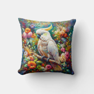 Cockatoo with Colorful Flowers Throw Pillow