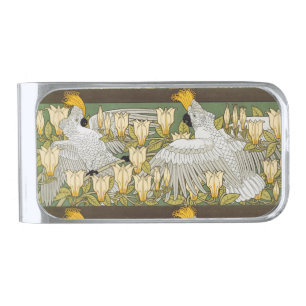 Cockatoos and Magnolia Birds & Flowers Art Nouveau Silver Finish Money Clip