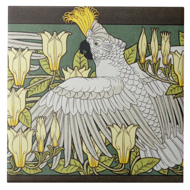 Cockatoos, Magnolia and White Mice Art Nouveau Ceramic Tile (Front)