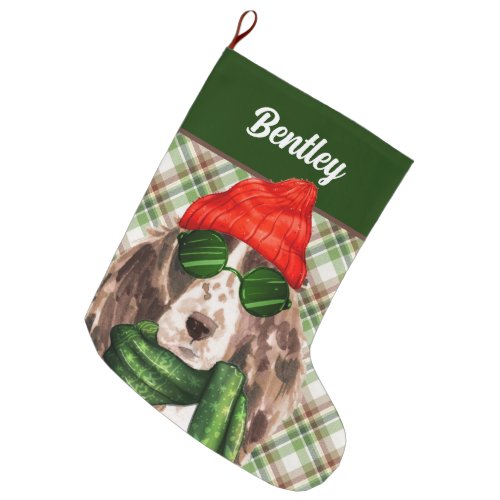 Cocker Spaniel and Green Plaid with Dogs Name Large Christmas Stocking