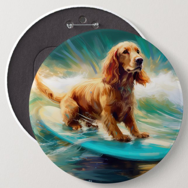 Cocker Spaniel Beach Surfing Painting Button (Front & Back)