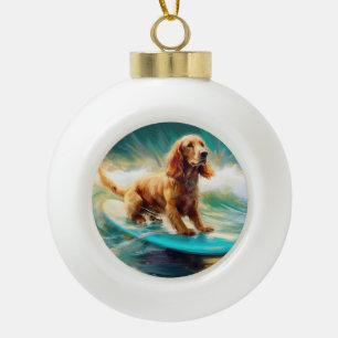 Cocker Spaniel Beach Surfing Painting Ceramic Ball Christmas Ornament