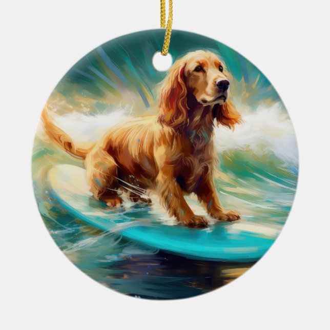 Cocker Spaniel Beach Surfing Painting Ceramic Ornament (Front)