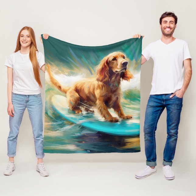 Cocker Spaniel Beach Surfing Painting Fleece Blanket (In Situ)
