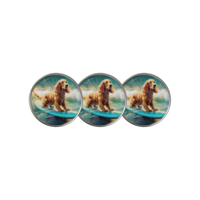 Cocker Spaniel Beach Surfing Painting Golf Ball Marker (3 Up)