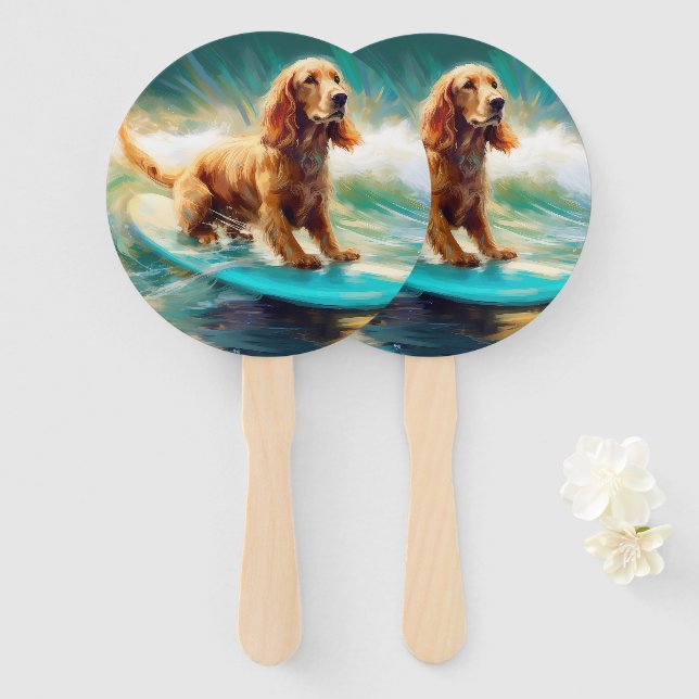 Cocker Spaniel Beach Surfing Painting Hand Fan (Front and Back)