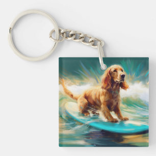 Cocker Spaniel Beach Surfing Painting Keychain