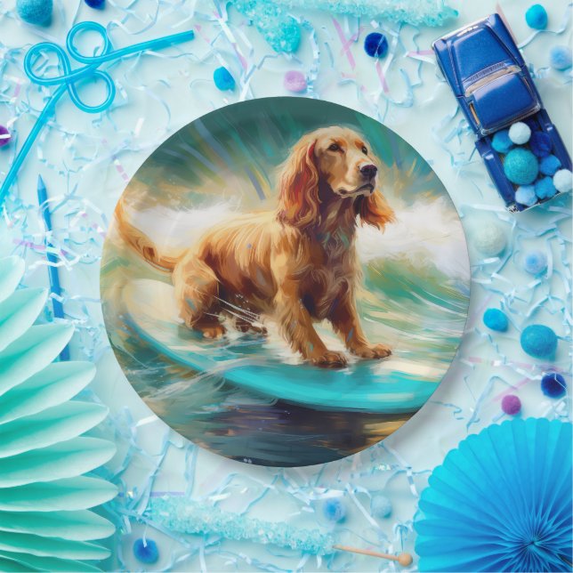 Cocker Spaniel Beach Surfing Painting Paper Plates (Party)