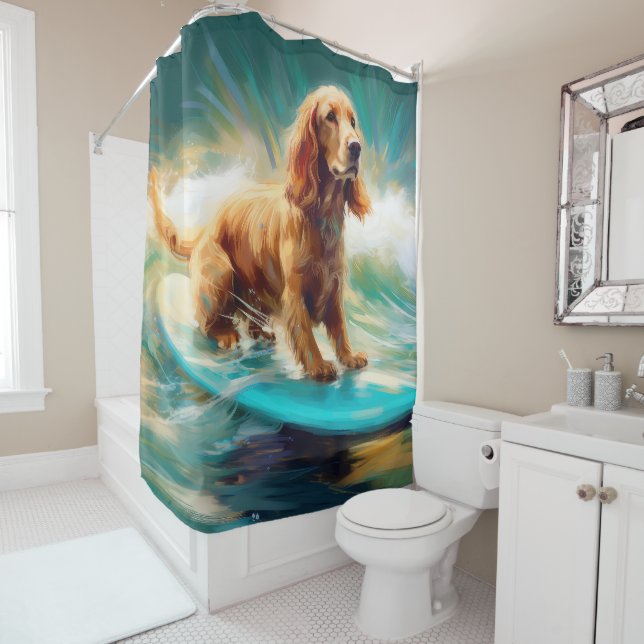 Cocker Spaniel Beach Surfing Painting Shower Curtain (In Situ)