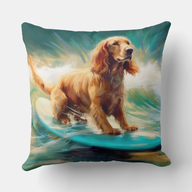 Cocker Spaniel Beach Surfing Painting Throw Pillow (Back)