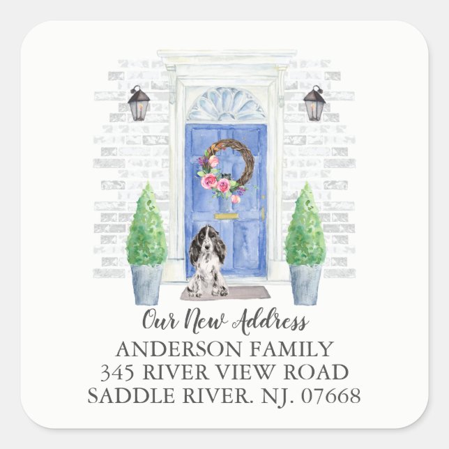 Cocker Spaniel Blue Door New Address Label Sticker (Front)