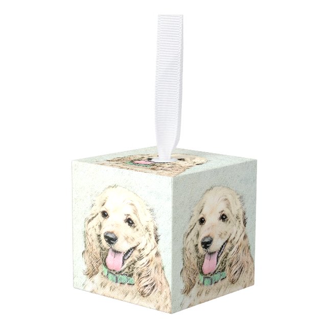 Cocker Spaniel Buff Painting - Original Dog Art Cube Ornament (Front Angled)