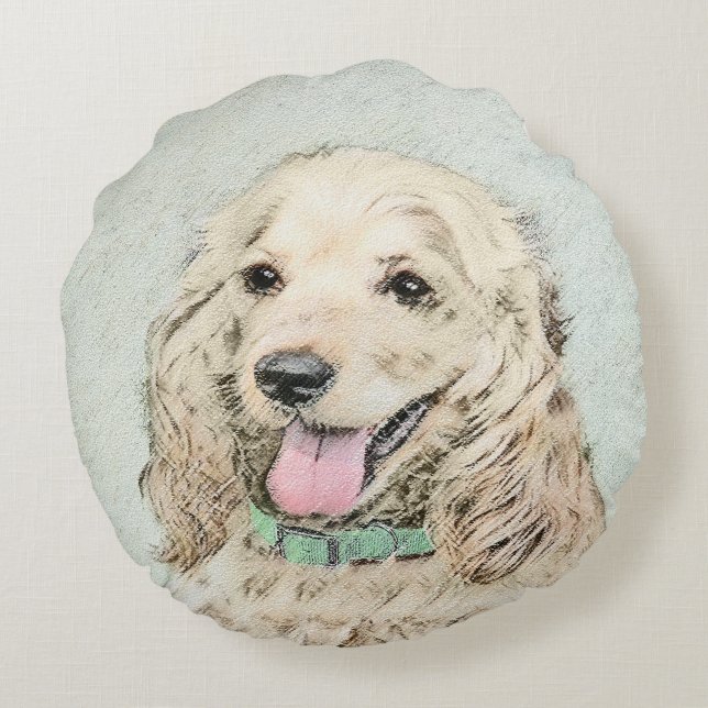 Cocker Spaniel Buff Painting - Original Dog Art Round Pillow (Back)