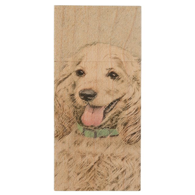 Cocker Spaniel Buff Painting - Original Dog Art Wood Flash Drive (Back (Vertical))
