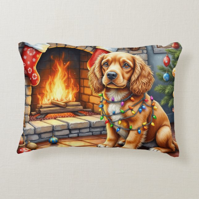 Cocker Spaniel by Fireplace with Christmas Lights Accent Pillow (Back)