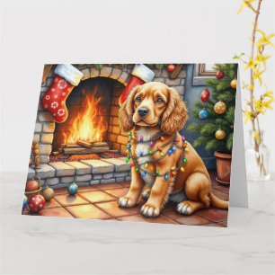 Cocker Spaniel by Fireplace with Christmas Lights Card