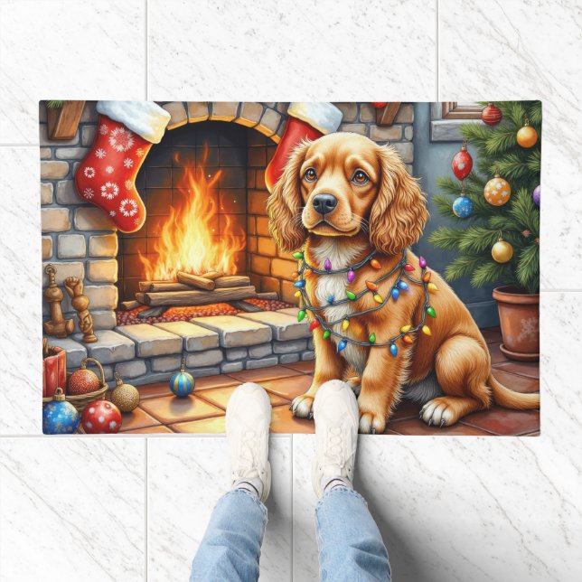Cocker Spaniel by Fireplace with Christmas Lights Doormat (Indoor)