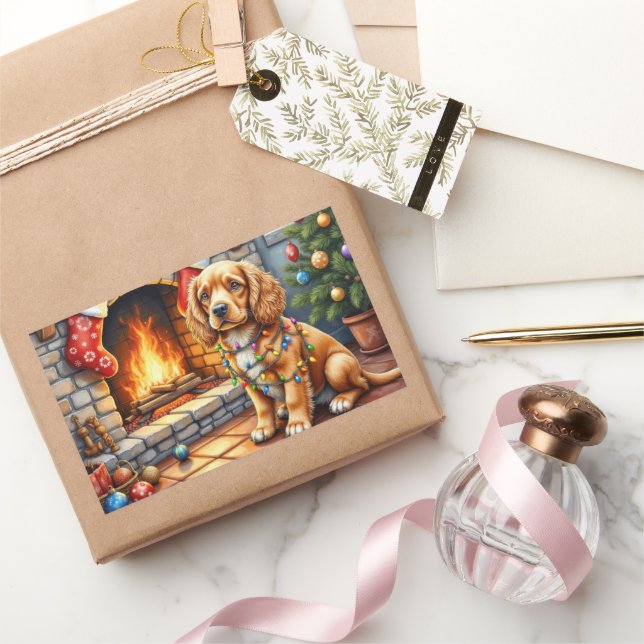 Cocker Spaniel by Fireplace with Christmas Lights Rectangular Sticker (Gifting)