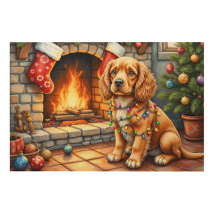 Cocker Spaniel by Fireplace with Christmas Lights Wood Wall Art