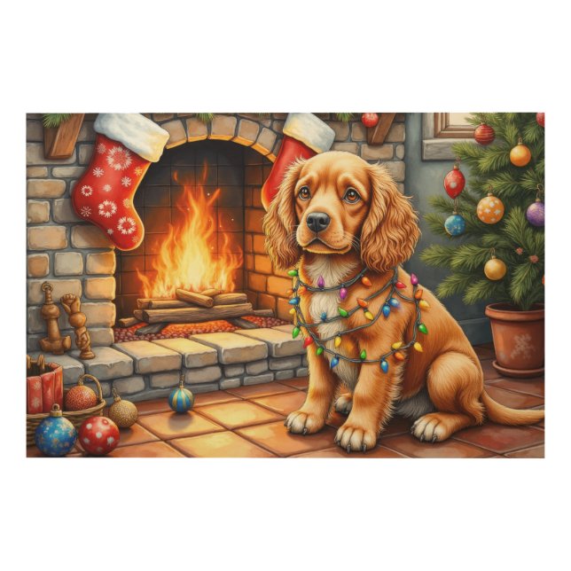 Cocker Spaniel by Fireplace with Christmas Lights Wood Wall Art (Front)