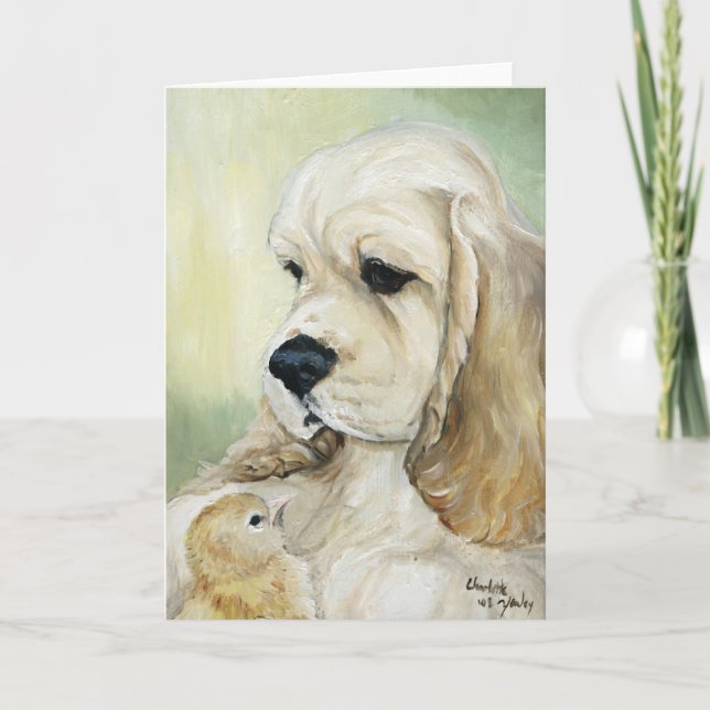 "Cocker Spaniel & Chick" Dog Art Greeting Card (Front)